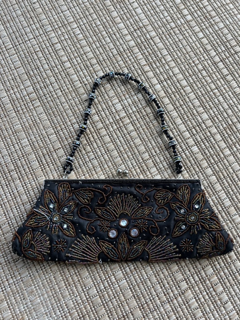 BISOU BISOU Beaded Black Floral Evening Clutch Handbag Purse